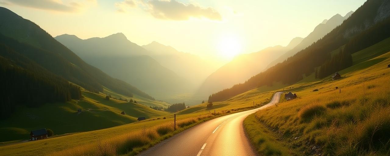 Stimmungsvolles österreichisches Alpenpanorama mit Straße und Sonnenlicht
