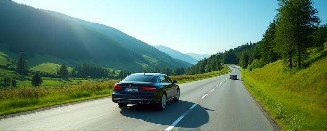 Auto fährt auf österreichischer Landstraße bei klarem Wetter